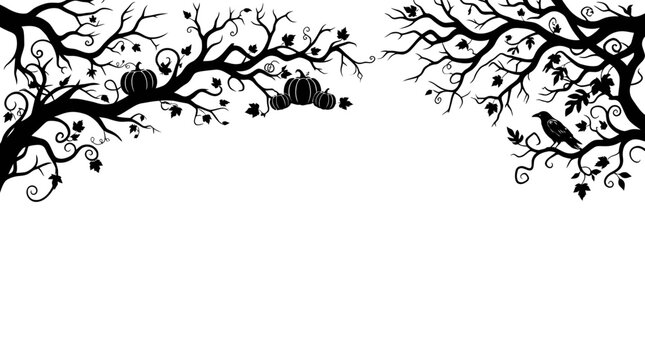 Halloween border Spooky Halloween corner vectors featuring black silhouettes of twisted gnarled branches, hanging ornamental pumpkins, crows, and thorny vines for spooky seasonal backgrounds