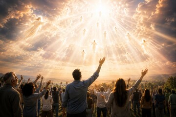 Fototapeta premium Man and woman with crowd raising hands toward sky with shining light and floating figures. Biblical rapture and ascension scene. Religious concept of miracle, faith and afterlife.