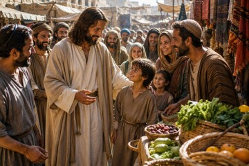 Fototapeta premium Jesus interacting with a young boy in an ancient market. Religious figure blessing a child surrounded by historical people. Biblical scene depicting compassion, teaching, and kindness.