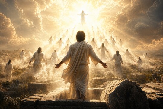 Jesus Christ standing before a crowd of people in white robes ascending to heaven. Resurrection and second coming concept. Religious scene representing eternal life and Christian faith.