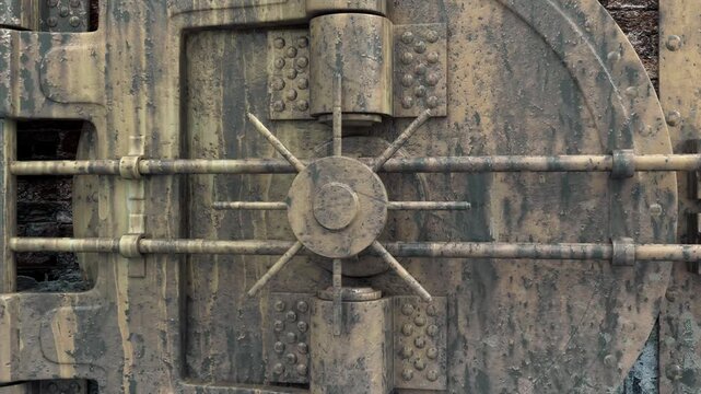 A weathered heavy metal vault door rotates open on large hinges to reveal a bright green circular chroma screen set into a worn brick wall, useful as a transition background, 3D animation