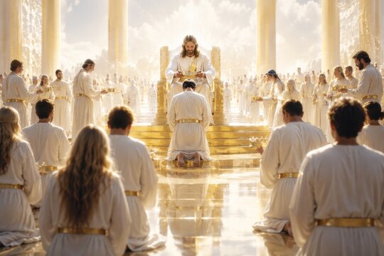 Jesus sitting on golden throne holding crown over kneeling man in heaven. Faithful people in white robe gathered in holy place. Biblical scene representing salvation and divine kingdom.