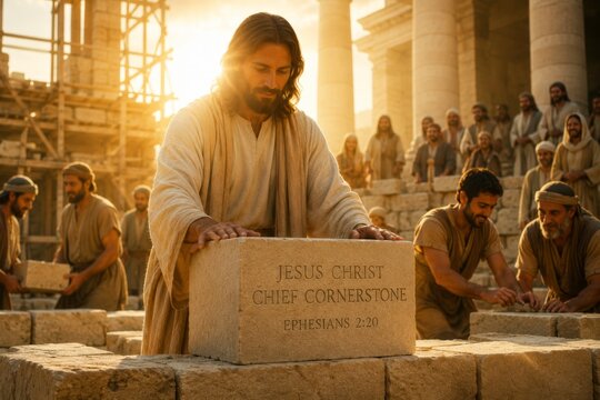 Jesus Christ placing his hands on a stone block with an inscription representing the cornerstone. Biblical scene of temple construction. Spiritual concept for faith, religion and church.