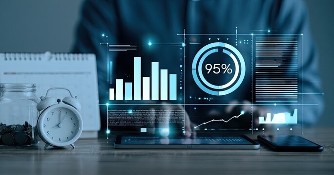 Digital analytics and data visualization dashboard showing financial metrics