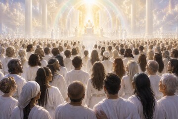 Obraz premium Crowd of woman and man wearing white clothing standing before a golden throne in heaven. Religious gathering concept representing afterlife, spiritual peace, divine glory and eternity.