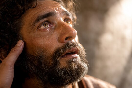 Man looking up with hope and faith. Portrait of bearded guy expressing spiritual devotion and inspiration. Religious scene depicting ancient times. Concept of belief and connection.