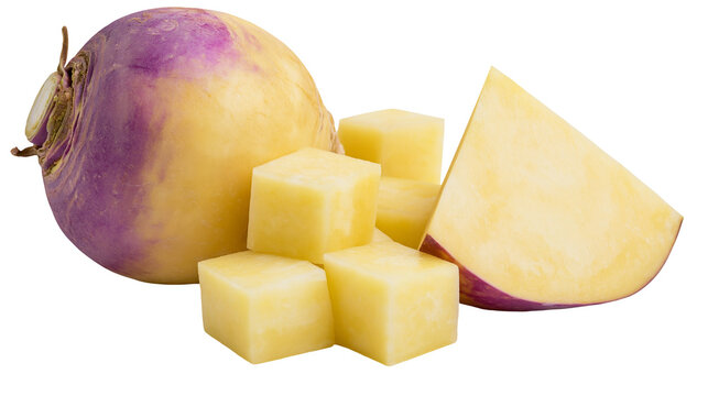 Whole and cut rutabaga root vegetable with cubes
