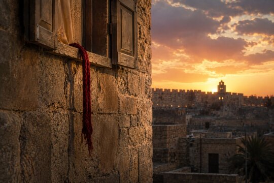 Stone window frame with hanging red scarf overlooking an ancient city wall at sunset. Historic architectural view of a town at dusk. Travel scenery and nostalgic vacation concept.