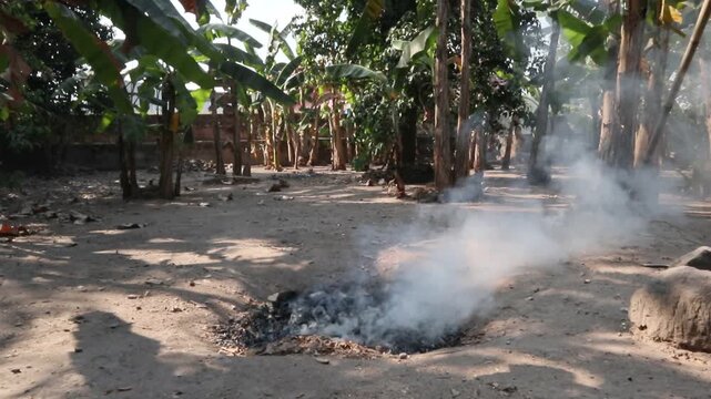 Smoke rising from burning organic garden waste in a banana plantation in a rural village in Java, Indonesia, showing traditional agricultural waste disposal.