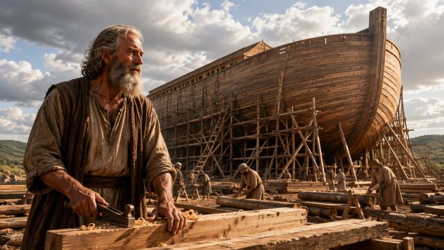 Bearded man as carpenter planing wood plank with giant wooden boat under construction in background. Biblical scene, ancient shipyard and historic craft. Religious story illustration.