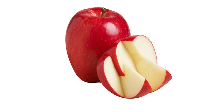 Whole red apple with sliced wedges showing creamy white flesh
