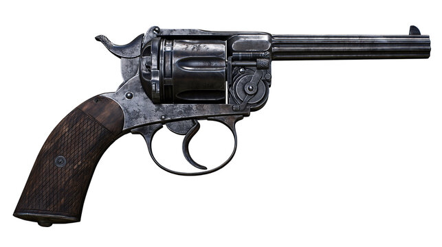 Antique revolver with wooden grip and metal cylinder