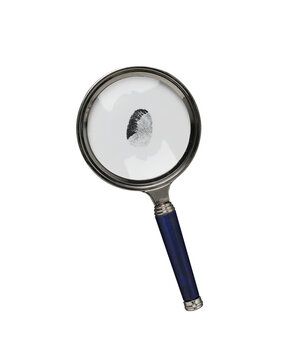 Silver magnifying glass examining a fingerprint isolated PNG, forensic investigation and biometric identification concept