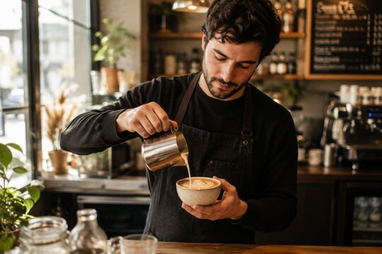 Barista man pouring milk into coffee cup to create latte art. Professional coffee maker preparing drink in cafe. Small business owner working behind counter. Artisan beverage craft.