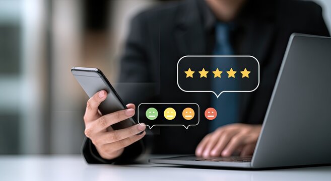 Person reviewing customer feedback with star ratings and emojis on a phone