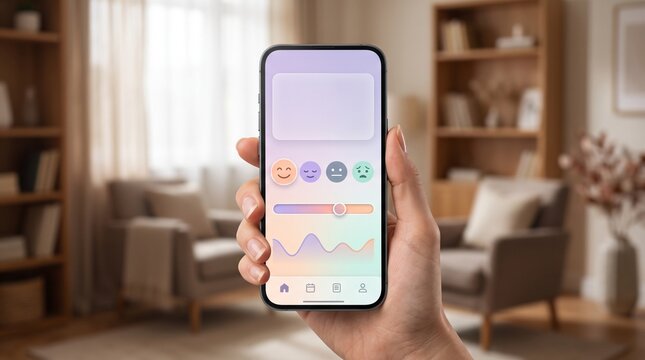 Mental wellness emotional wave tracker app with pastel mood icons and blank copy space box on smartphone in sunlit therapy room banner