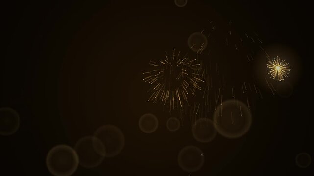 Golden fireworks on night sky, exploding gold firework bursts with warm bokeh, 4K motion graphic background for New Year and celebration video