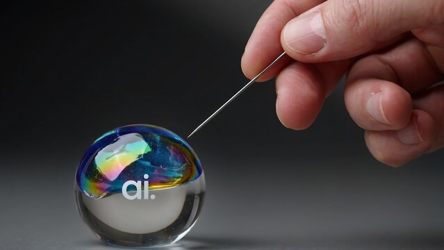 Artificial Intelligence Bubble About to Burst with Needle Ready to Pop Representing AI Market Risk, Financial Bubble, Investment Uncertainty and Economic Impact