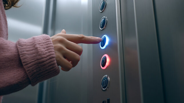 Close Up Finger Pressing Illuminated Blue Button Inside Modern Steel Elevator

