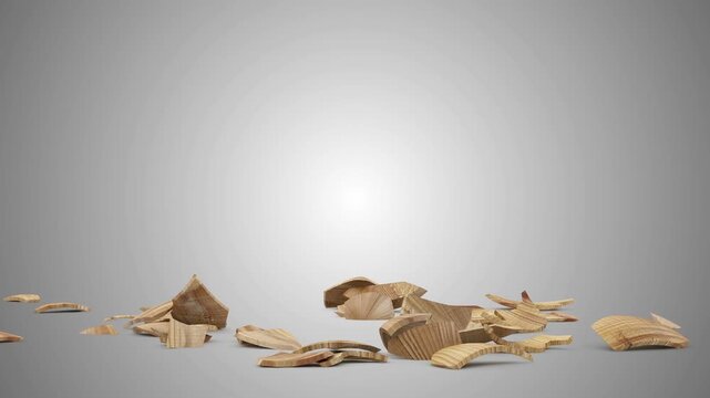 A wooden egg stands centered, suddenly shatters into splintered pieces, and settles across a clean gray studio background in a minimalist 3D animation
