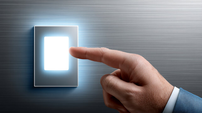 Finger Pressing Illuminated Blue Button Inside Modern Steel Elevator