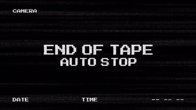 End of Tape Text Animation With Monochrome CCTV Surveillance Monitor, Pixelated Glitch, Static and Scanlines. Security Camera Screen with Monochrome Static and Scanlines For Film Editing