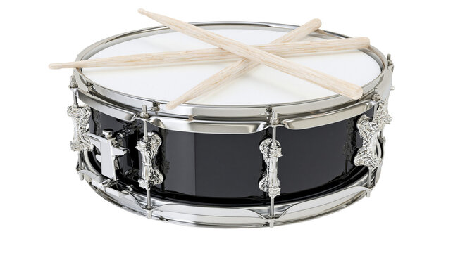 Black snare drum with chrome hardware and wooden drumsticks