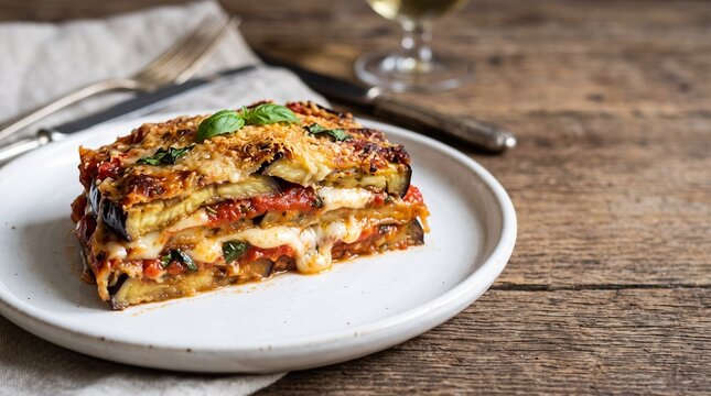 Melanzane alla Parmigiana: Close-up of an elegant cross-section of baked eggplant Parmesan, showing the layers of eggplant, tomato sauce, mozzarella, and Parmigiano, on a dynamic white plate.