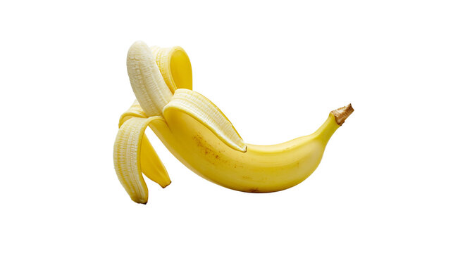 Partially peeled ripe yellow banana with skin strips