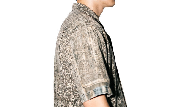 Vintage patterned button-up shirt on man, retro short sleeve collared top, textured grey casual apparel for men isolated PNG with Transparent Background