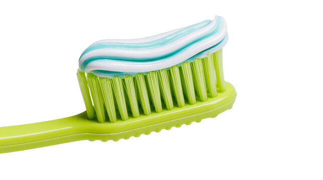 Bright green toothbrush with blue and white striped toothpaste