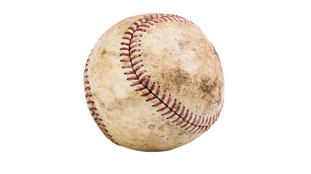 Dirty worn baseball with red stitching