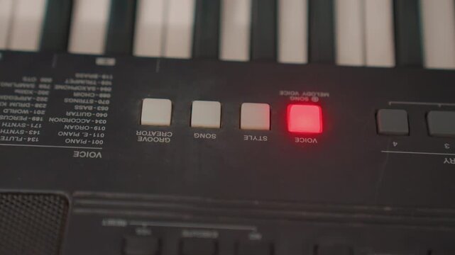 Closeup keyboard panel with red recording light, illuminated record button beside white keys, printed function labels and textured black housing, moody studio ambience, home producer setup, quiet
