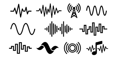 Naklejka premium Diverse collection of sound wave icons, audio signal graphics, and radio frequency symbols illustrating various waveform patterns and spectrum visualizations for technology and media projects