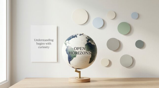 Elegant minimalist workspace featuring a white globe with open horizons text standing on a wooden desk next to inspirational wall art quote perfect for educational and modern office design