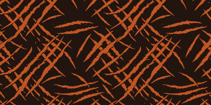 Seamless pattern with orange claw marks and wild animal scratches on black background