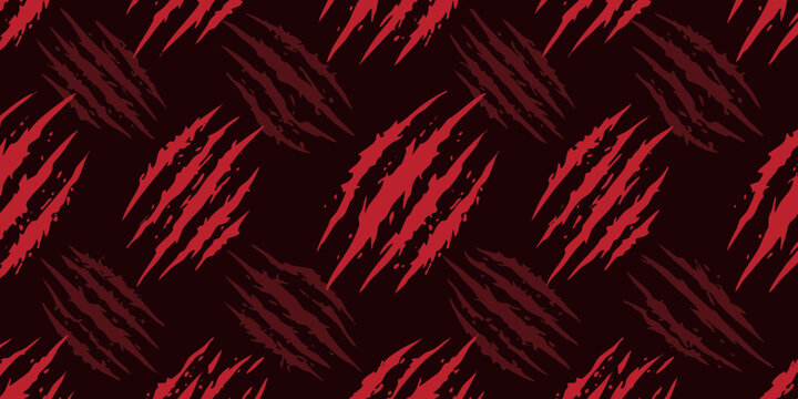 Seamless pattern with red and dark red claw scratches on a black background, wild beast marks texture
