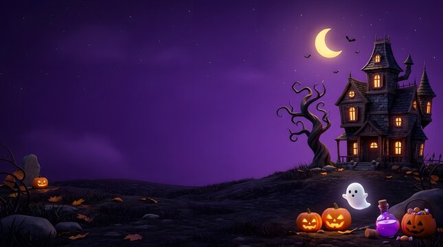 A spooky dark halloween background featuring a haunted mansion silhouette with glowing pumpkins and a crescent moon in purple sky