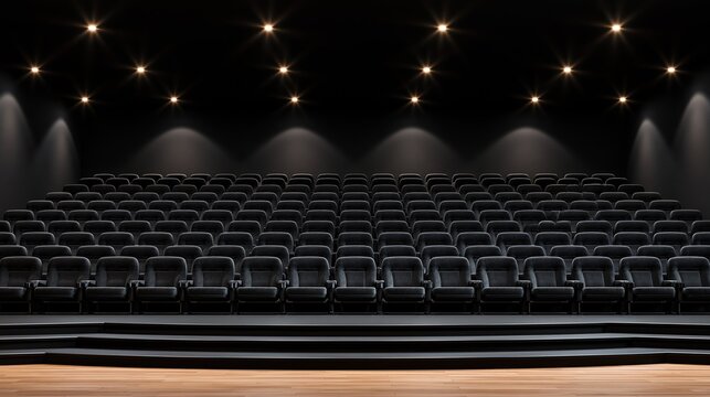 Empty modern cinema auditorium with neat rows of black comfortable seats and stage illuminated by multiple spotlights from dark ceiling ready for new movie show