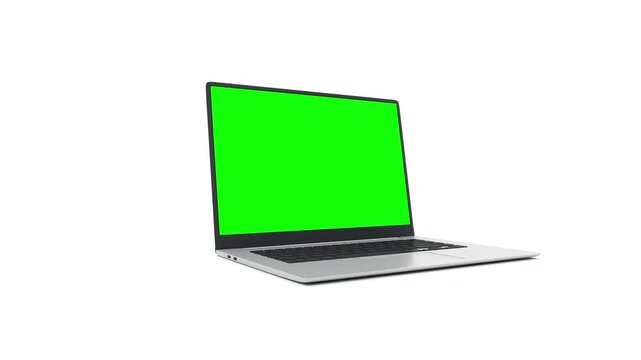 Minimal silver laptop opens from nearly closed to upright while showing a bright green chroma key display on a clean white background in smooth 3D animation