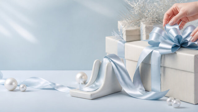 Hands arrange a pale blue satin bow on an ivory gift box, surrounded by ribbon, pearls, and festive decor with generous copy space.