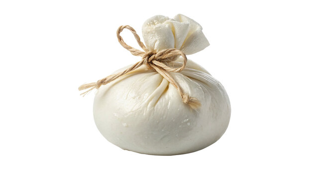 Traditional small white fabric pouch sack cloth bag tied isolated on transparent background