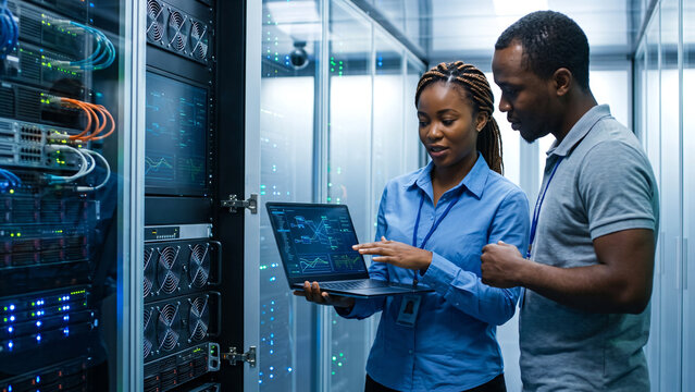 A diverse team of IT professionals collaborating inside a modern data center, with a female technology specialist pointing at a laptop screen while a male engineer reviews technical information .