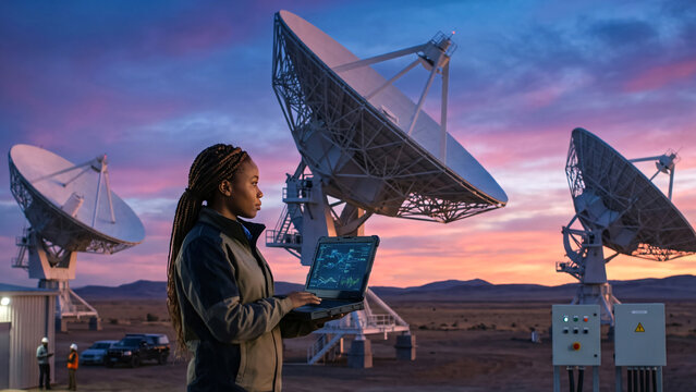 A professional engineer standing near massive satellite communication dishes against a breathtaking twilight sky, inspecting advanced space communication infrastructure on a wide open plain. 