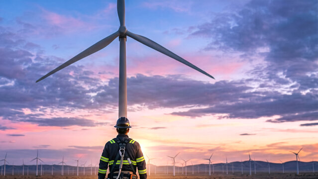 A silhouette of a professional technician engineer standing near a massive wind turbine in an industrial renewable energy facility during a breathtaking sunset. 