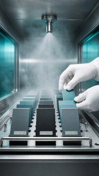 Gloved technician handles electronic components inside a stainless steel chamber using a precision spray sterilization process.