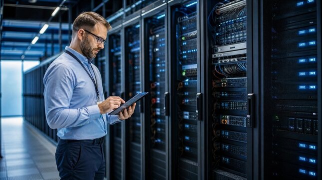 IT professional analyzing server data on tablet in modern data center with blue-lit racks