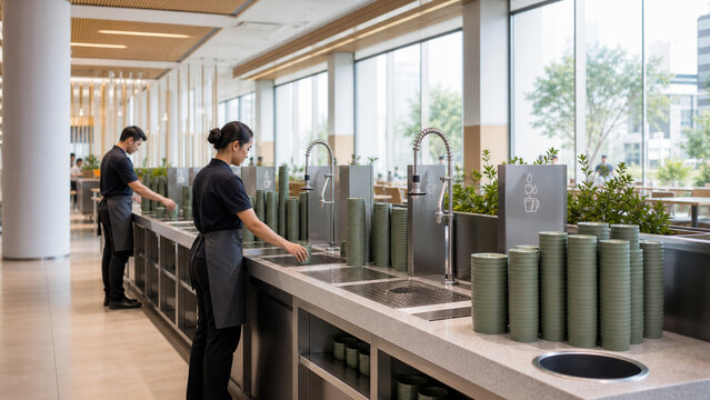 Two cafeteria workers arrange stacks of green reusable cups beside stainless steel sinks in a bright, modern dining facility.