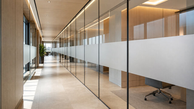 Bright contemporary office hallway featuring glass-walled workspaces, frosted privacy panels, warm wood finishes, and natural light.