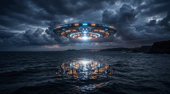 UFO Flying Over Ocean at Night